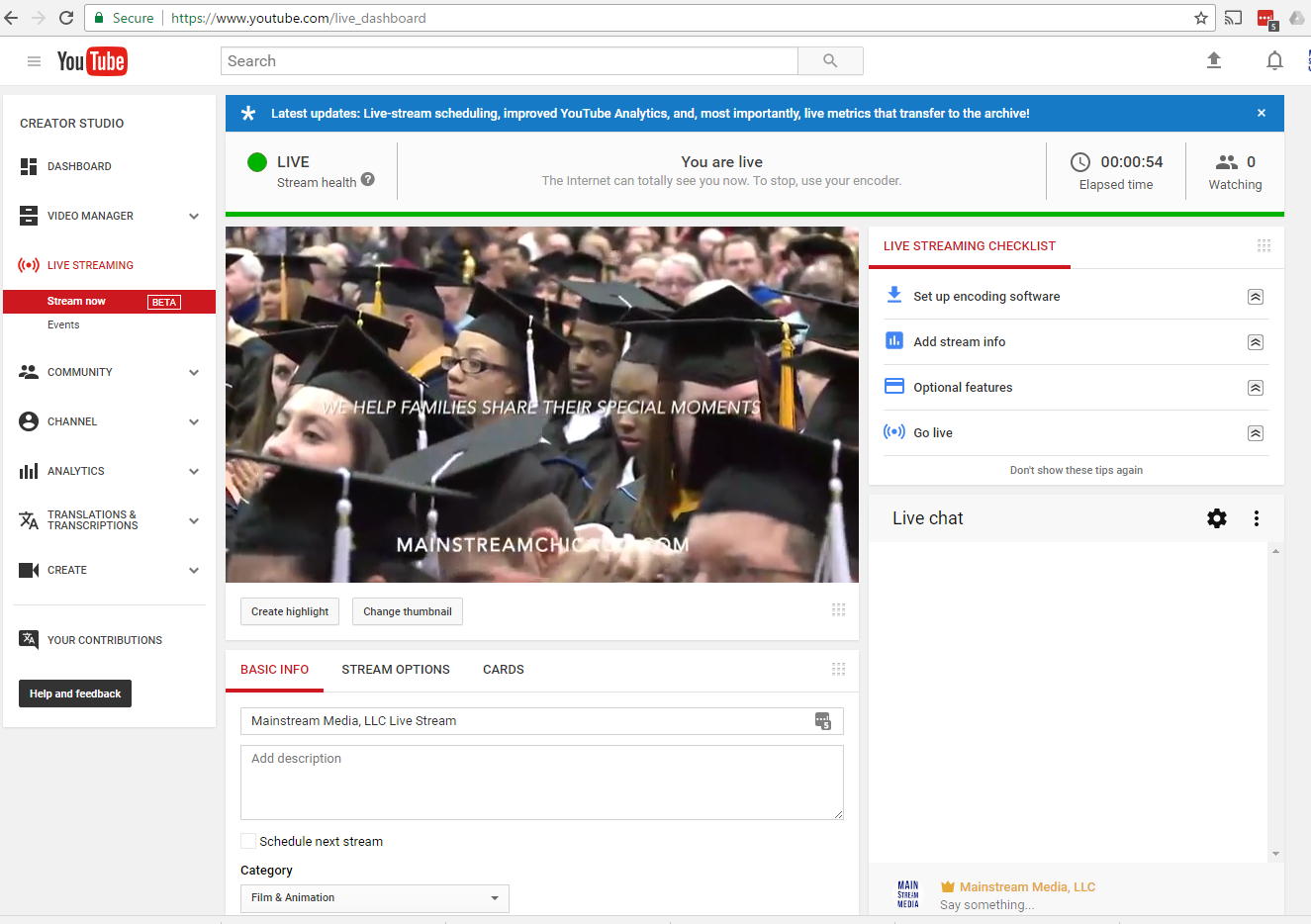  youtube live dashboard chicago streaming video production
